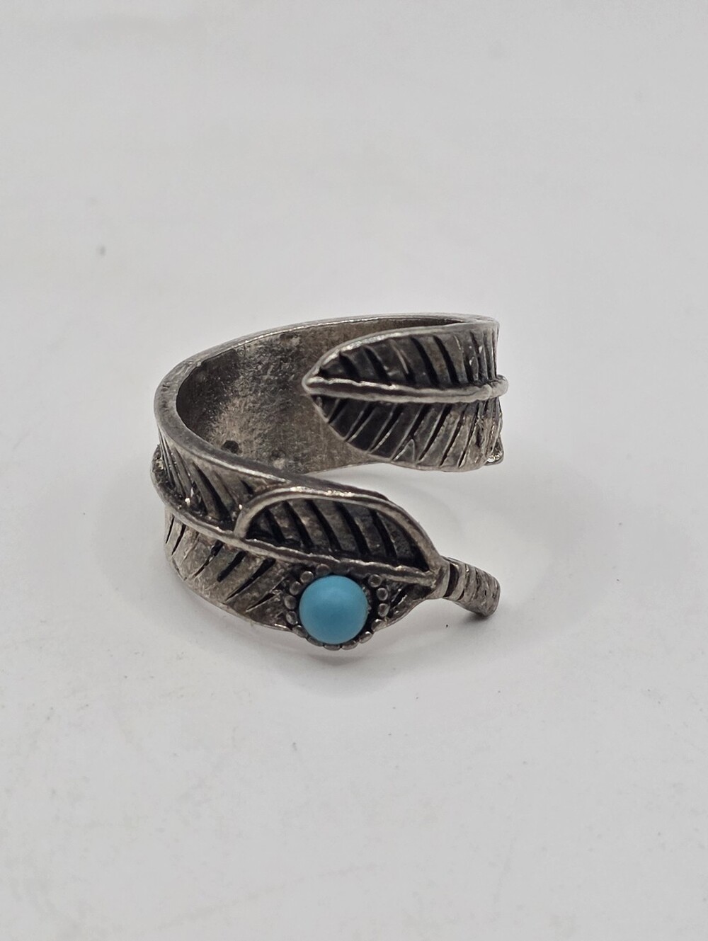 Boho Silver Tone Feather Wrap Ring with Blue Stone Adjustable